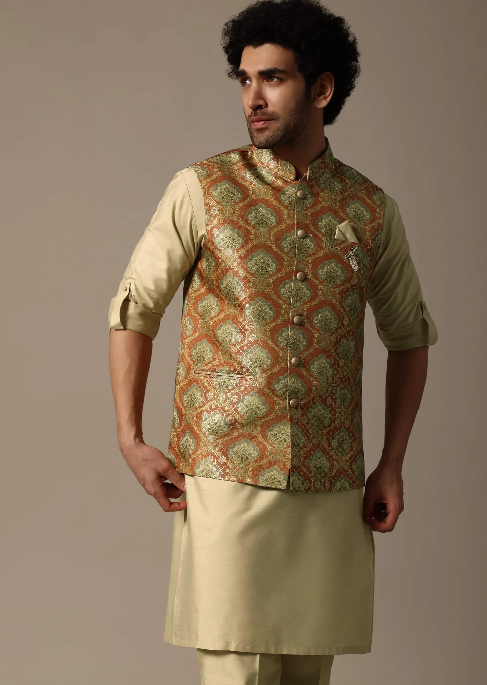 Orange Printed Jacquard Kurta Jacket Set For Men