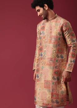 Orange Printed Kurta Set In Silk
