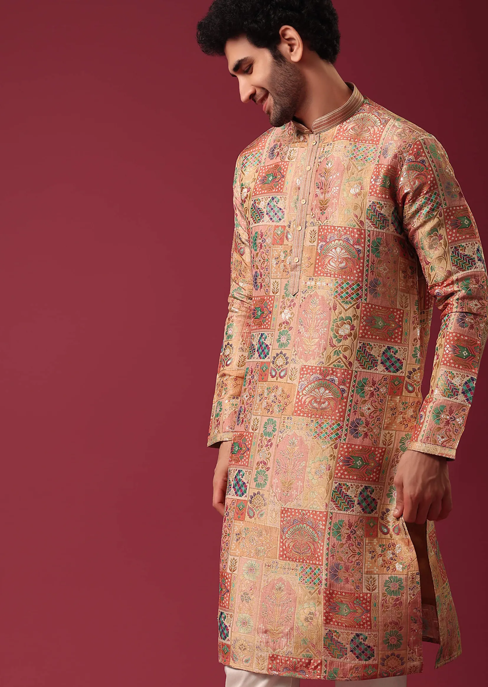Orange Printed Kurta Set In Silk
