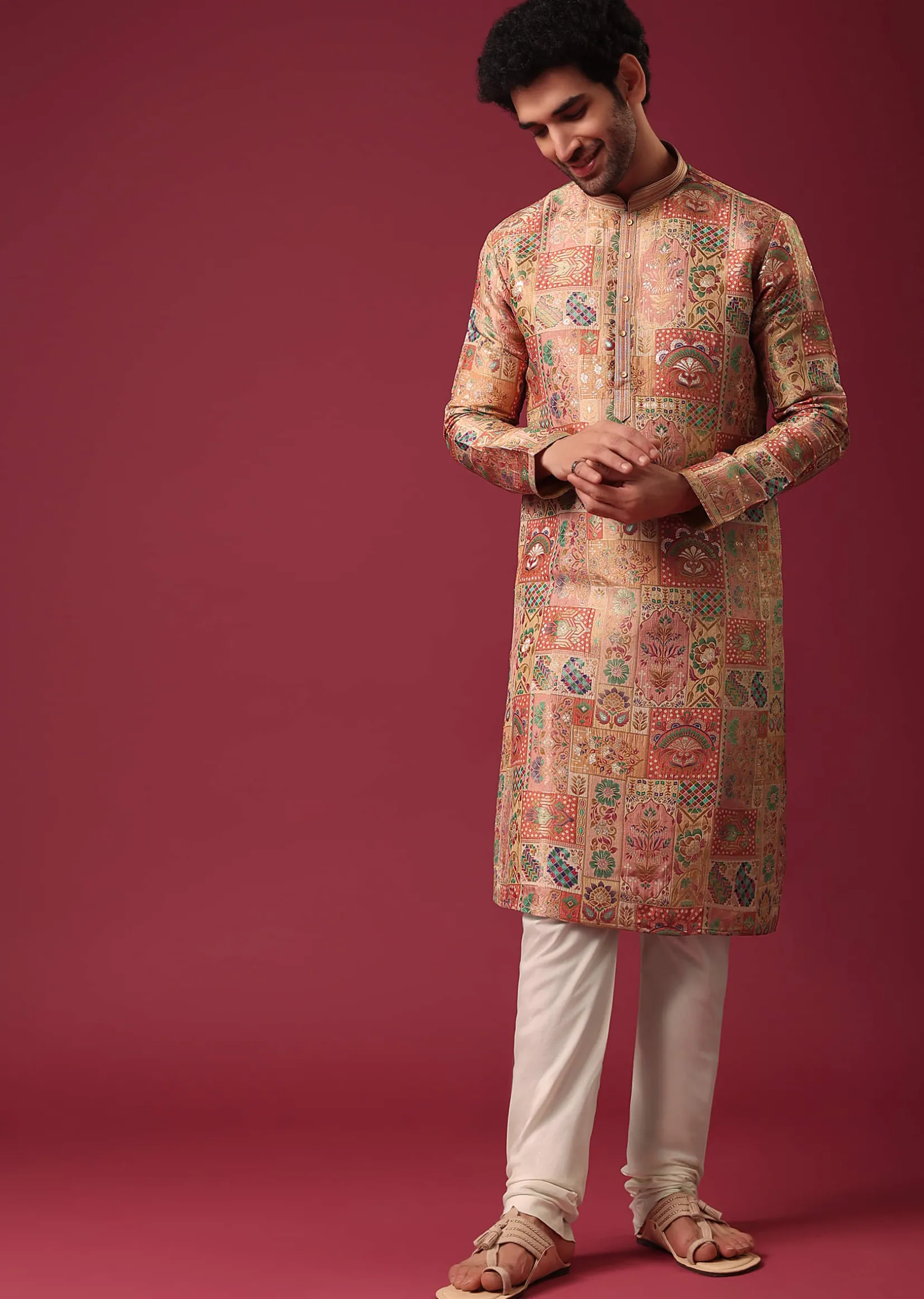 Orange Printed Kurta Set In Silk