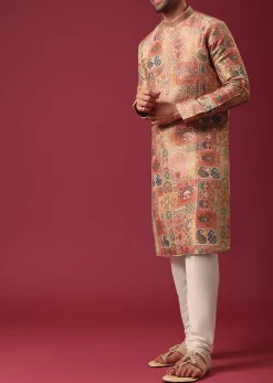 Orange Printed Kurta Set In Silk