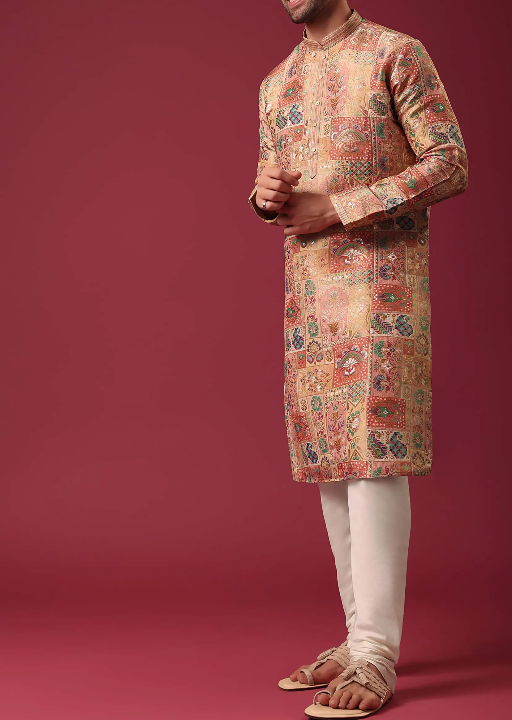 Orange Printed Kurta Set In Silk