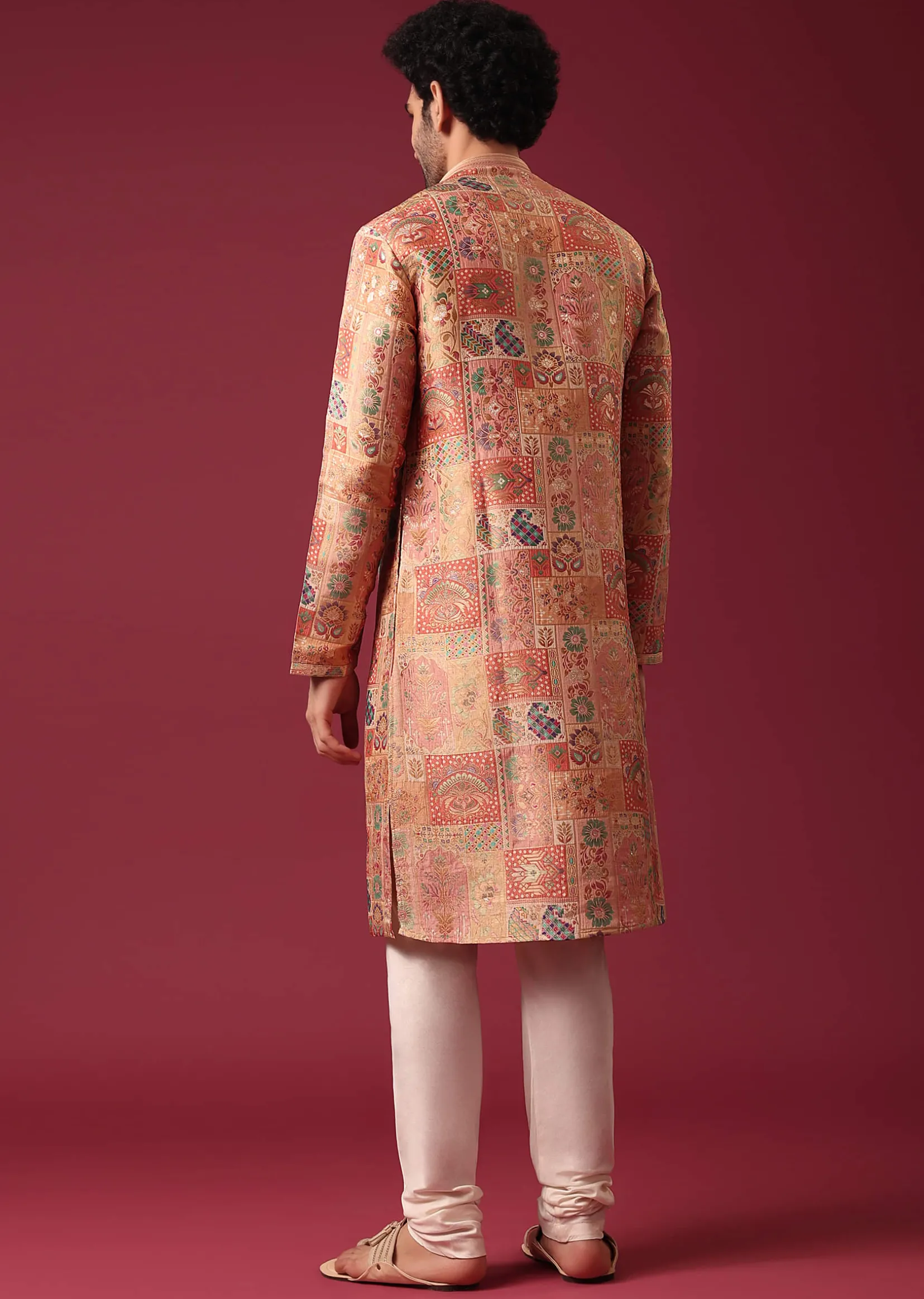 Orange Printed Kurta Set In Silk