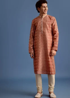 Orange Printed Silk Kurta Set For Men