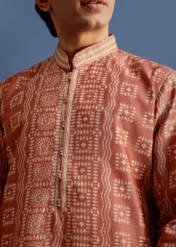 Orange Printed Silk Kurta Set For Men