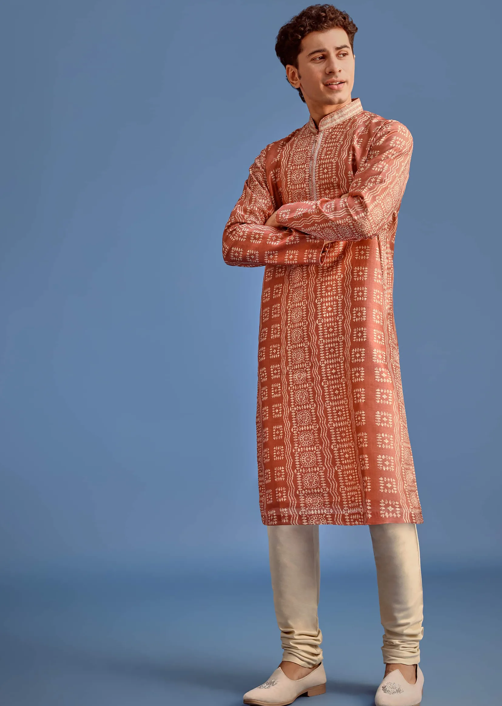 Orange Printed Silk Kurta Set For Men