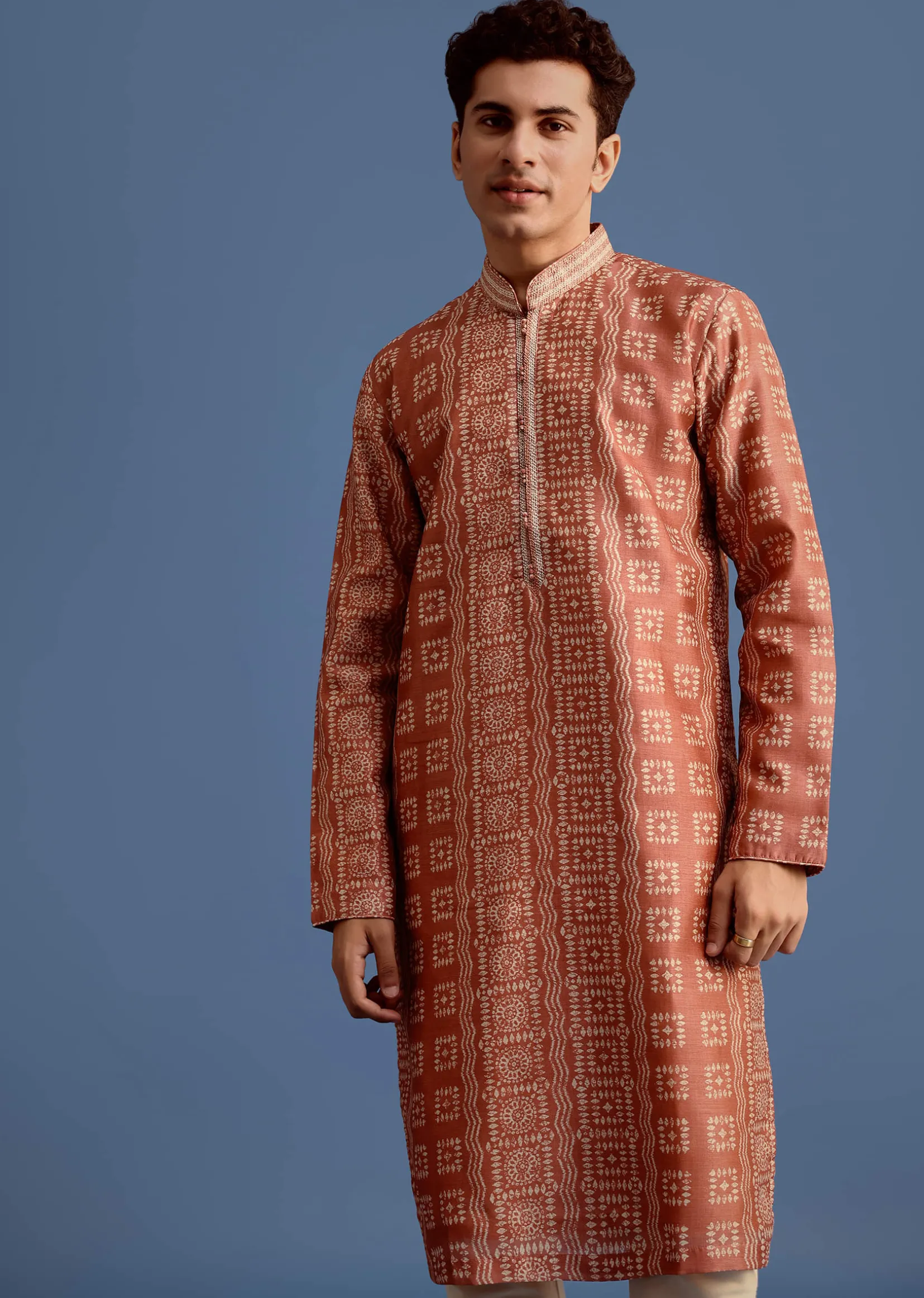 Orange Printed Silk Kurta Set For Men