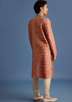 Orange Printed Silk Kurta Set For Men