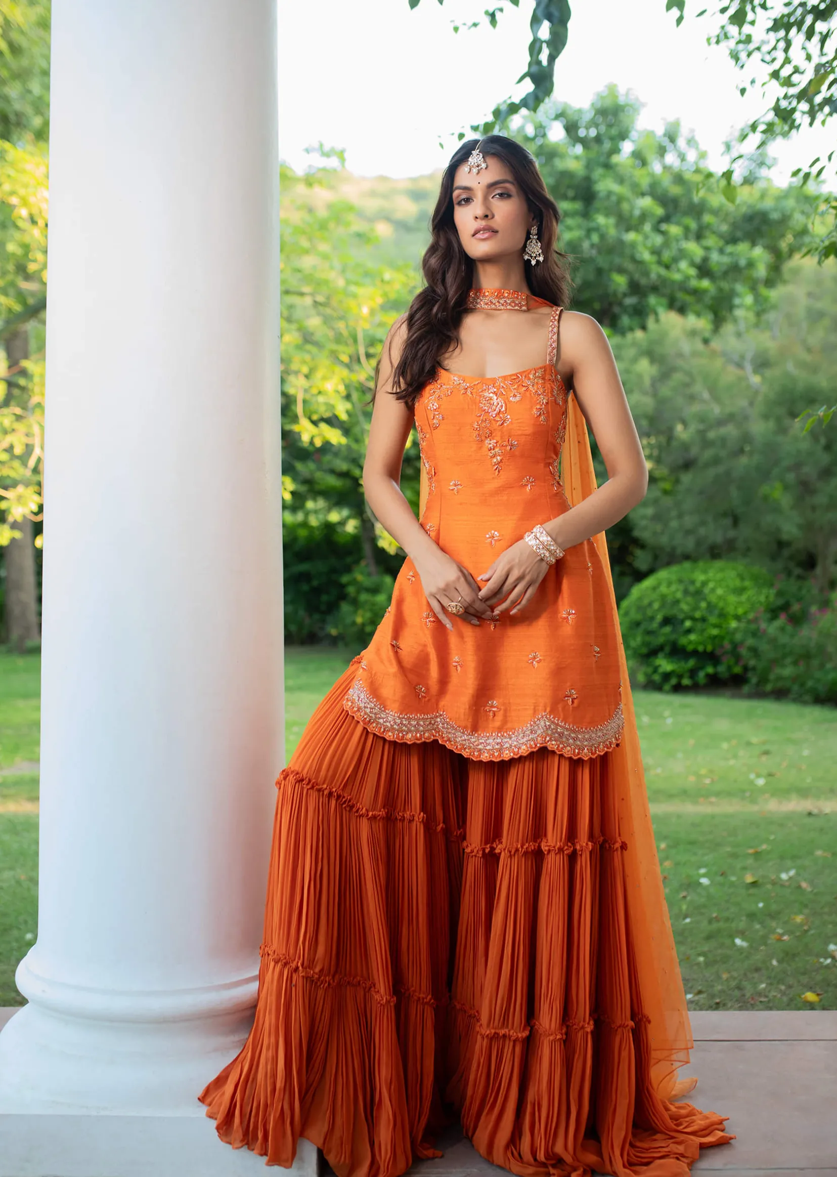 Orange Raw Silk Hand Work Kurti Sharara With Choker Dupatta