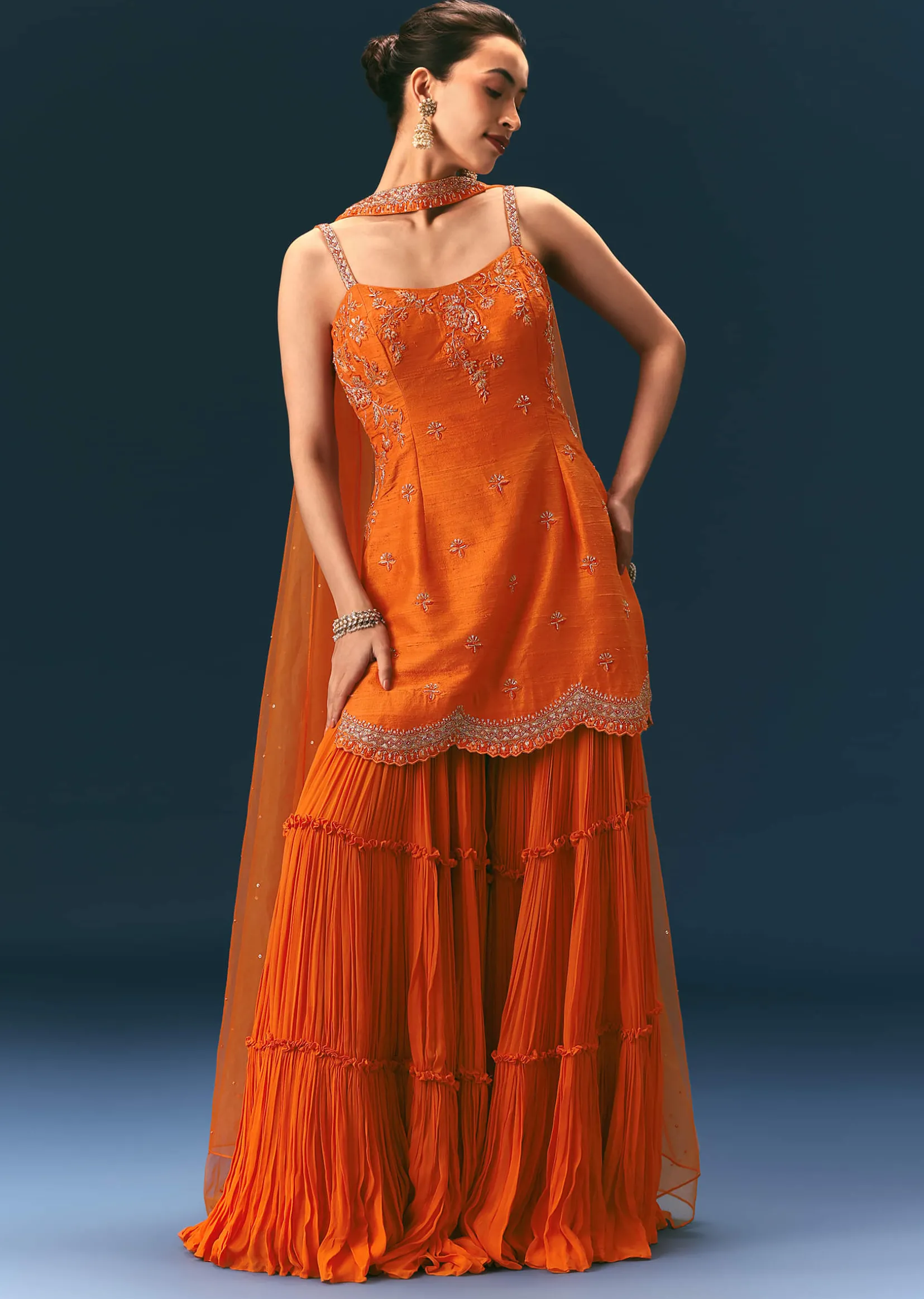 Orange Raw Silk Hand Work Kurti Sharara With Choker Dupatta