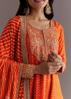 Orange Russian Silk Bandhani Anarkali Dupatta Suit