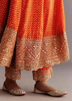Orange Russian Silk Bandhani Anarkali Dupatta Suit