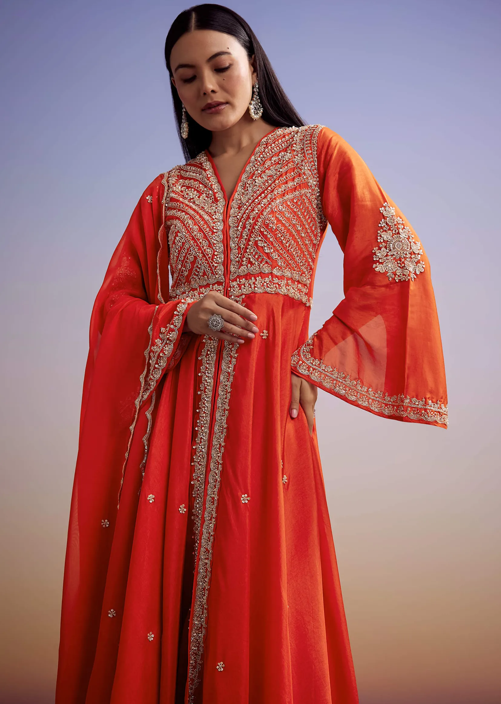 Orange Russian Silk Palazzo Suit With Cut Dana And Sequins Work