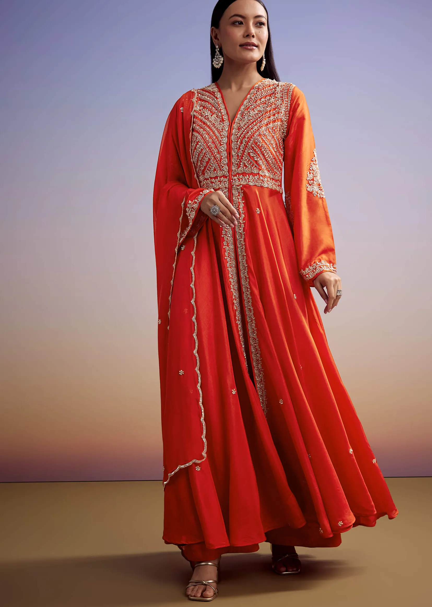 Orange Russian Silk Palazzo Suit With Cut Dana And Sequins Work