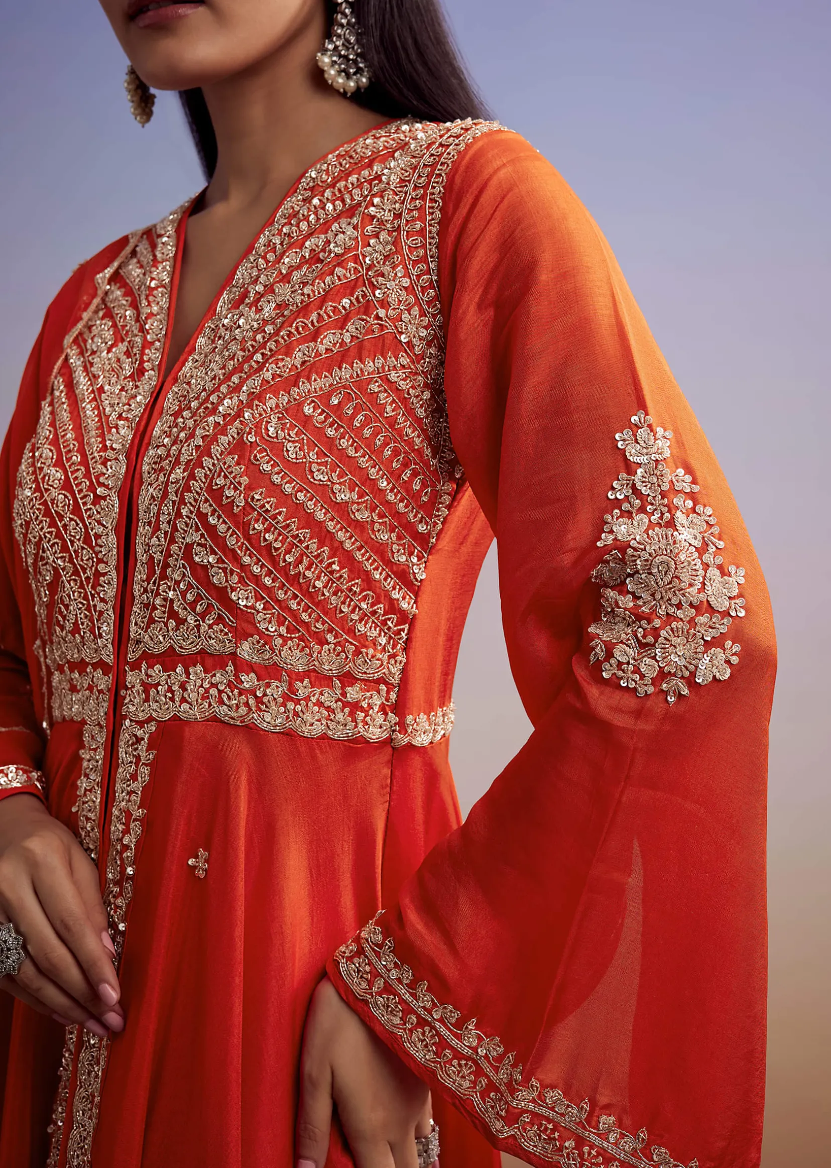 Orange Russian Silk Palazzo Suit With Cut Dana And Sequins Work