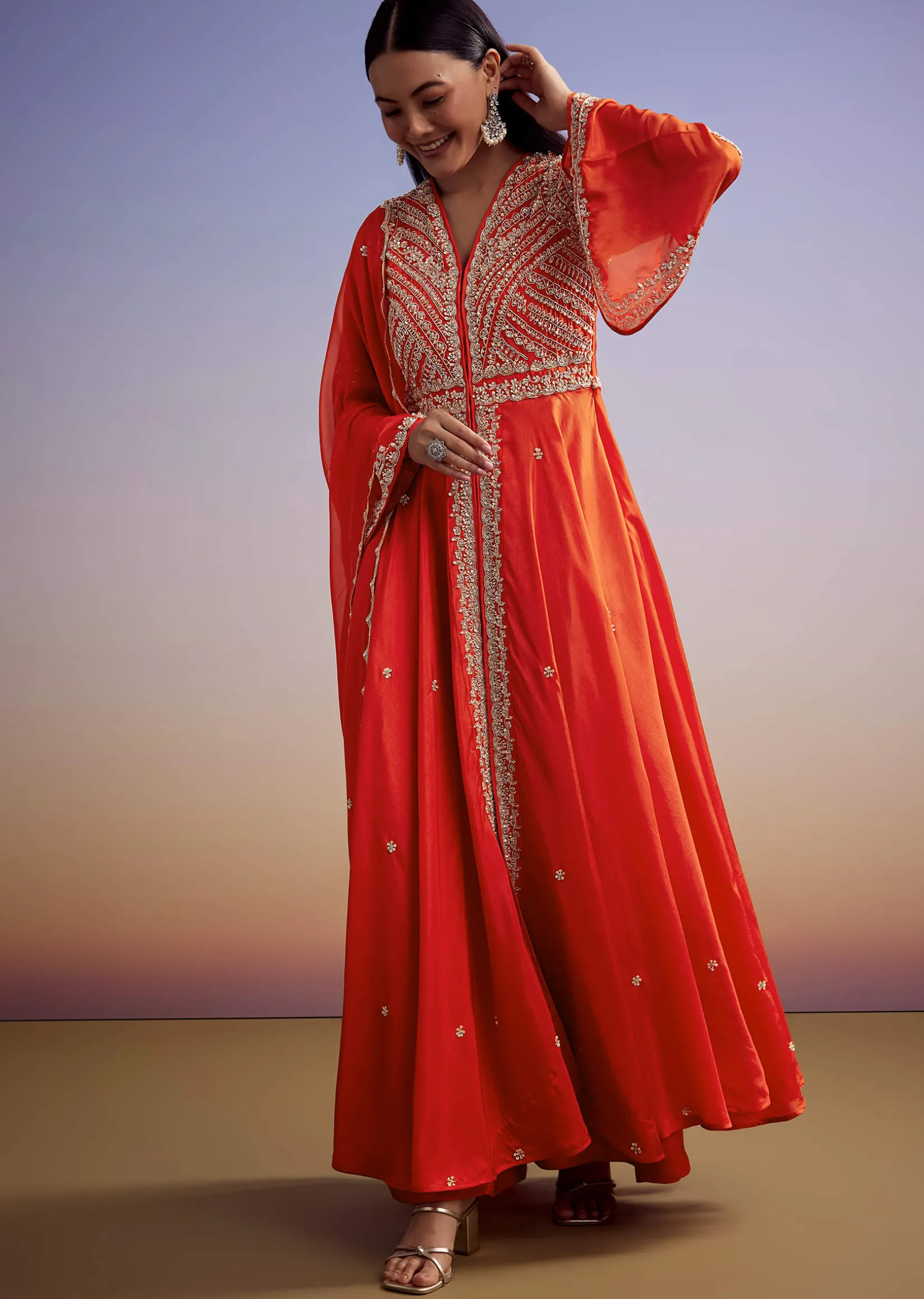 Orange Russian Silk Palazzo Suit With Cut Dana And Sequins Work