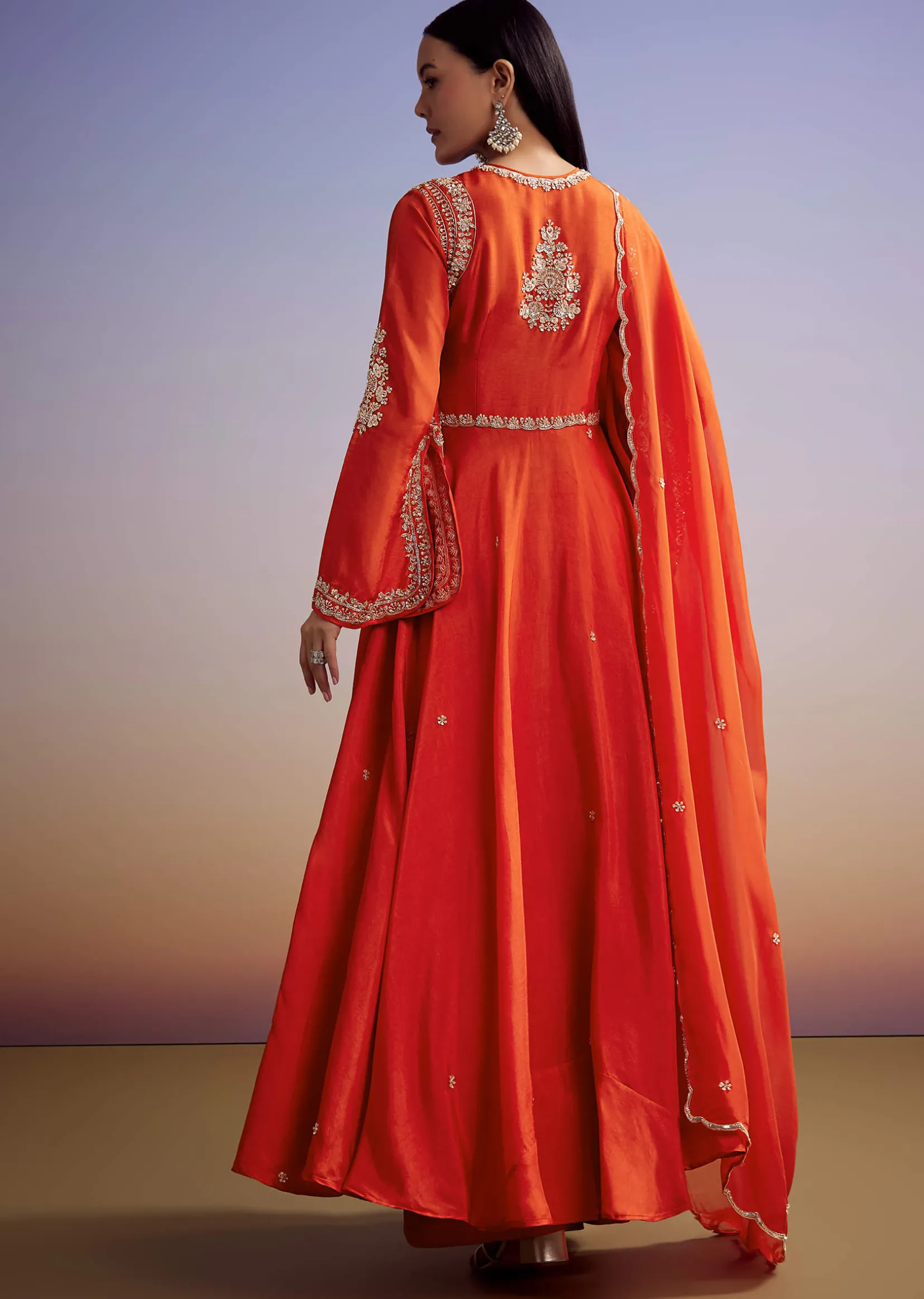 Orange Russian Silk Palazzo Suit With Cut Dana And Sequins Work