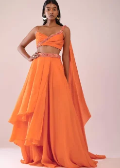 Orange Satin Organza Drape Lehenga And Blouse Set With Attached Pallu