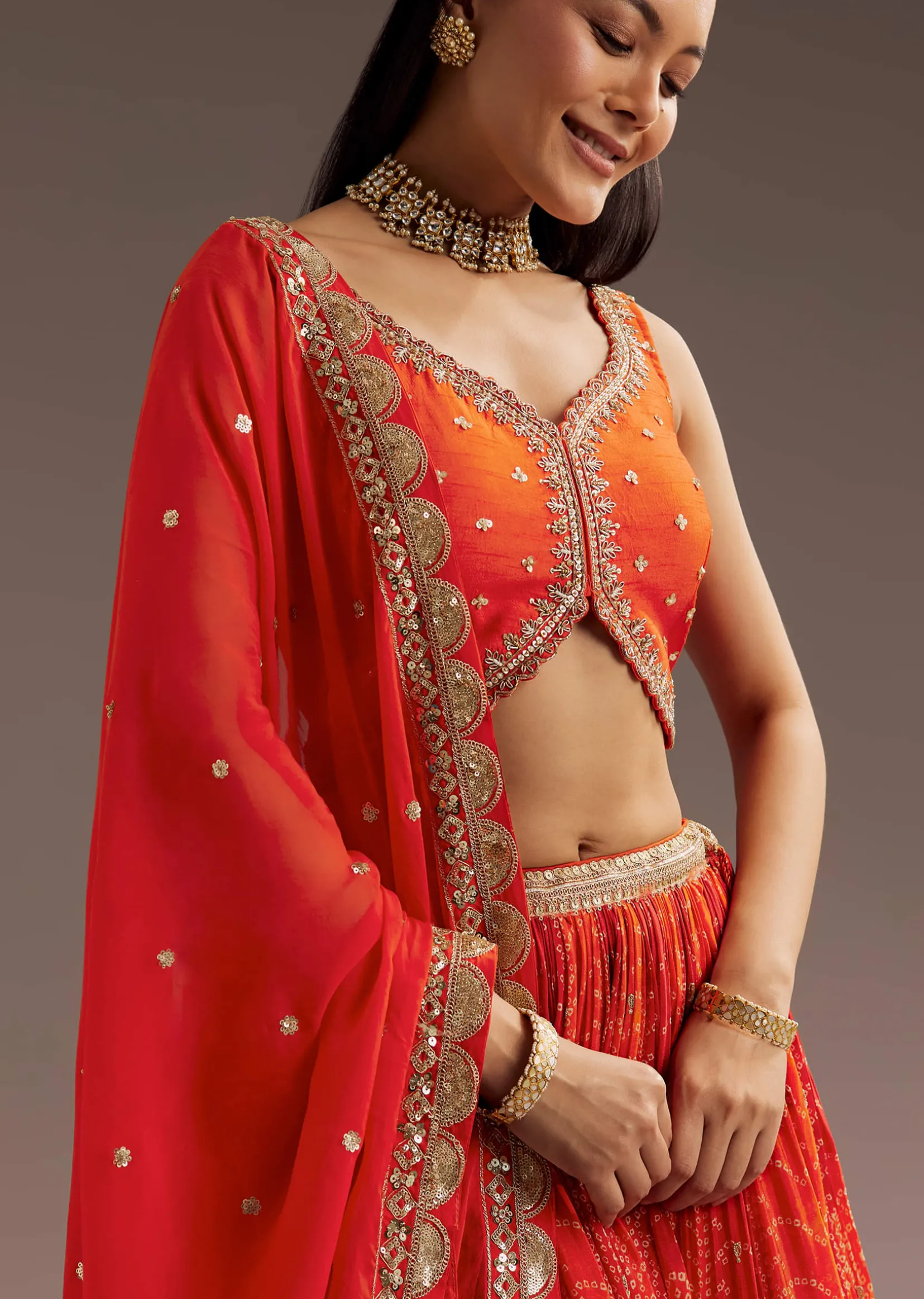 Orange Sequins Bandhani Lehenga Dupatta Set