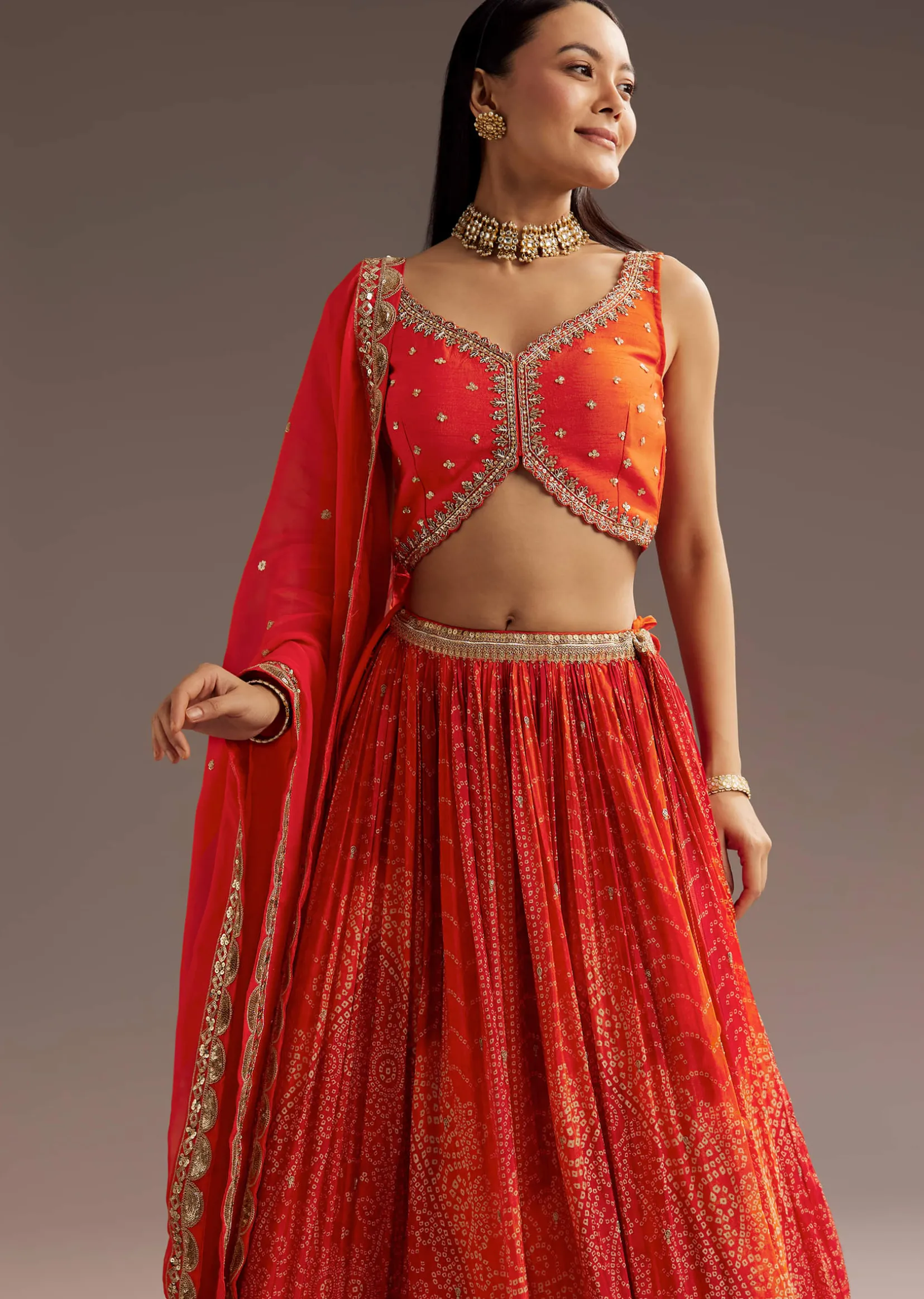 Orange Sequins Bandhani Lehenga Dupatta Set