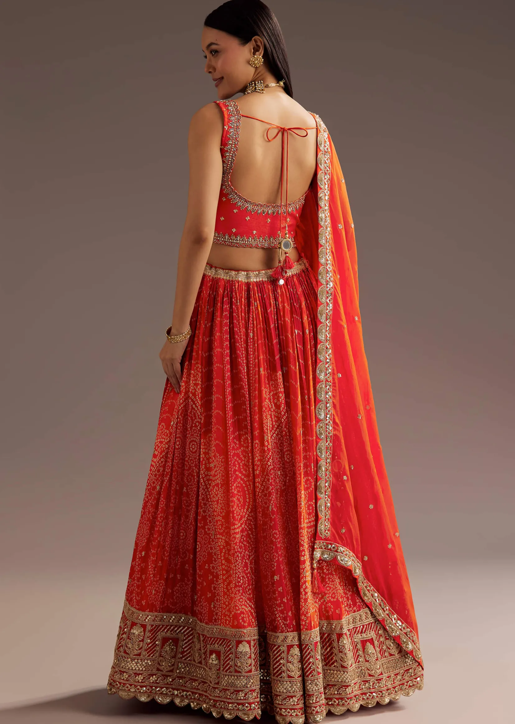 Orange Sequins Bandhani Lehenga Dupatta Set