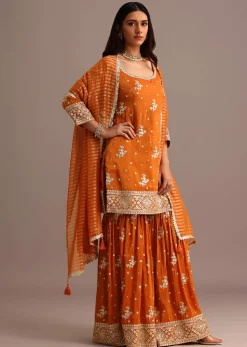 Orange Sequins Kurti Sharara Set With Chanderi Banarasi Dupatta