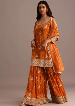 Orange Sequins Kurti Sharara Set With Chanderi Banarasi Dupatta
