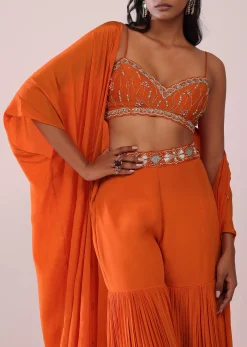 Orange Sharara And Embroidered Blouse Set With Floor Length Shrug In Crepe