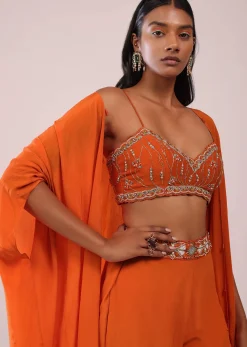 Orange Sharara And Embroidered Blouse Set With Floor Length Shrug In Crepe
