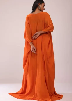 Orange Sharara And Embroidered Blouse Set With Floor Length Shrug In Crepe