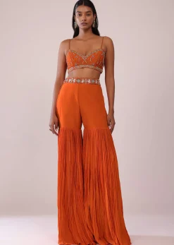 Orange Sharara And Embroidered Blouse Set With Floor Length Shrug In Crepe