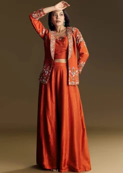 Orange Silk Crop Top Set With Thread And Sequin Jacket
