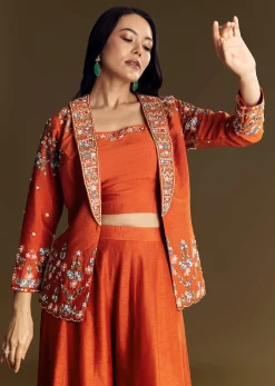 Orange Silk Crop Top Set With Thread And Sequin Jacket