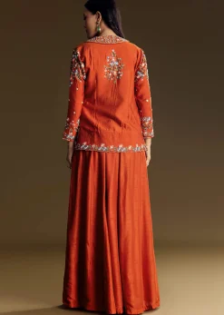 Orange Silk Crop Top Set With Thread And Sequin Jacket