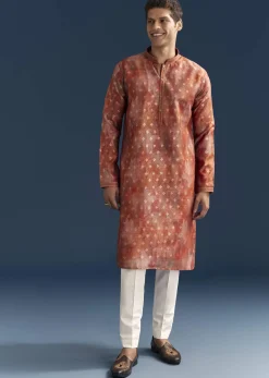 Orange Silk Kurta Set For Men With Abstract And Foil Print