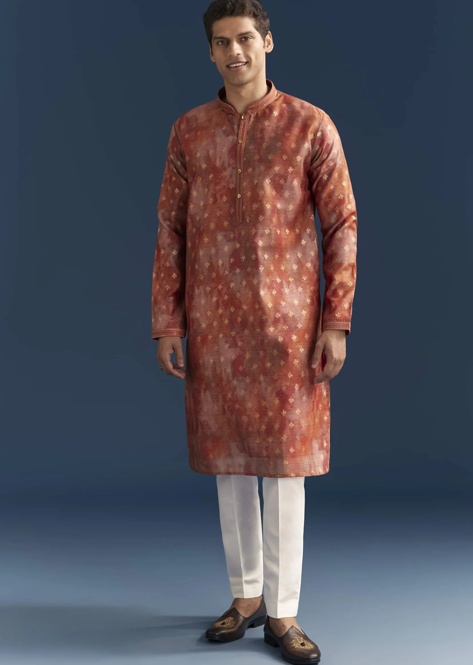 Orange Silk Kurta Set For Men With Abstract And Foil Print