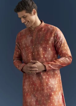 Orange Silk Kurta Set For Men With Abstract And Foil Print