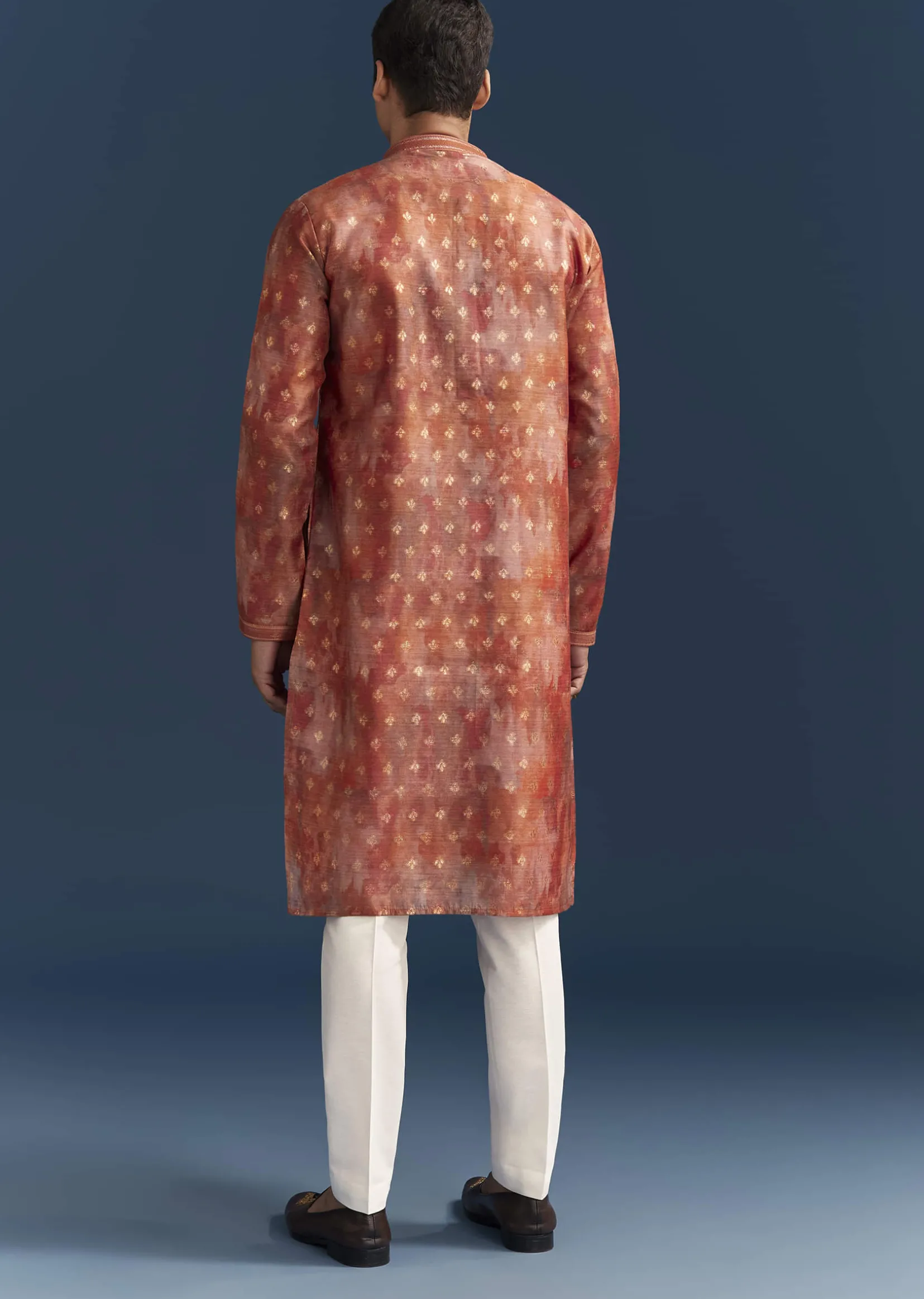 Orange Silk Kurta Set For Men With Abstract And Foil Print