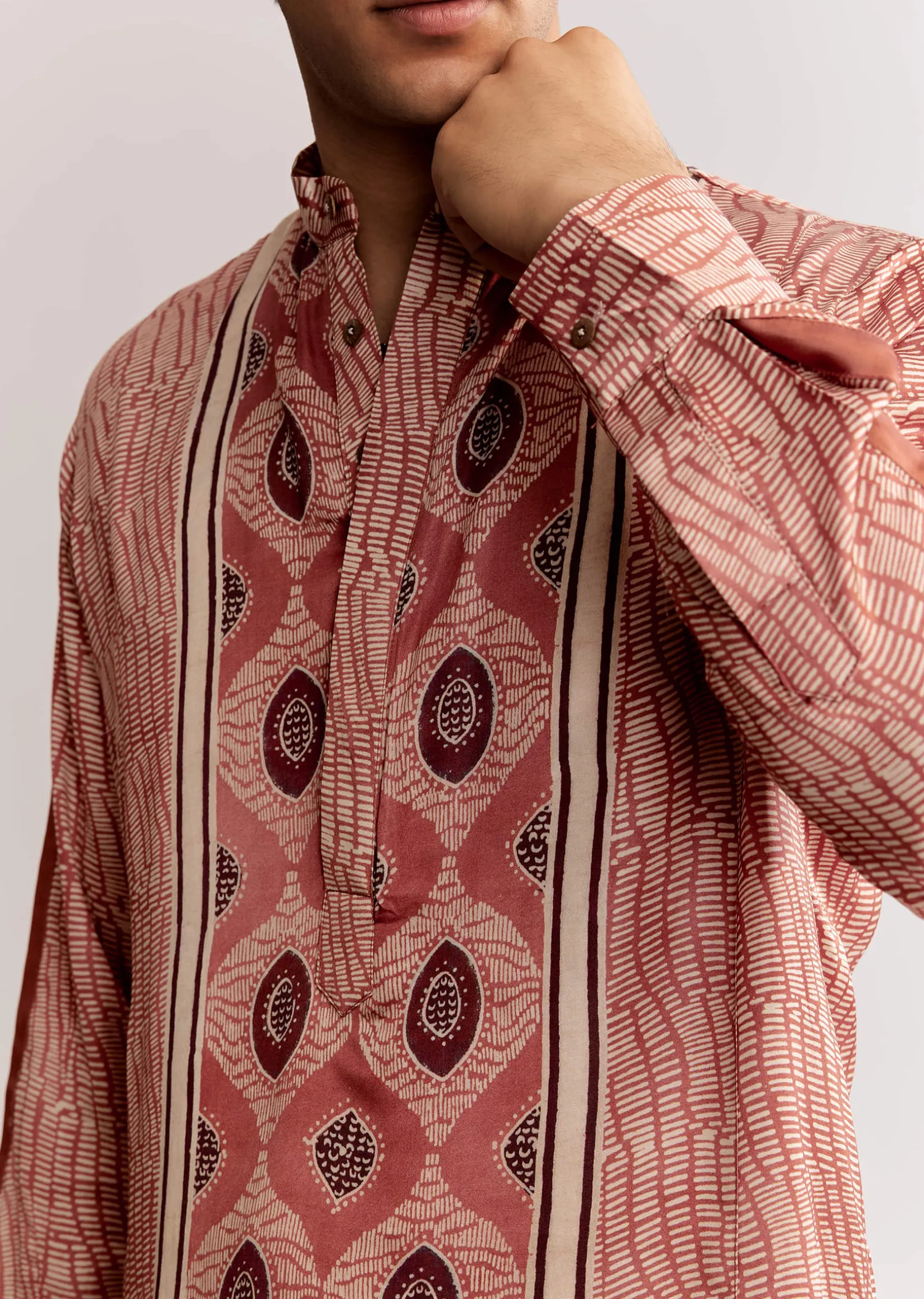 Orange Silk Kurta Set With Ajrakh Print