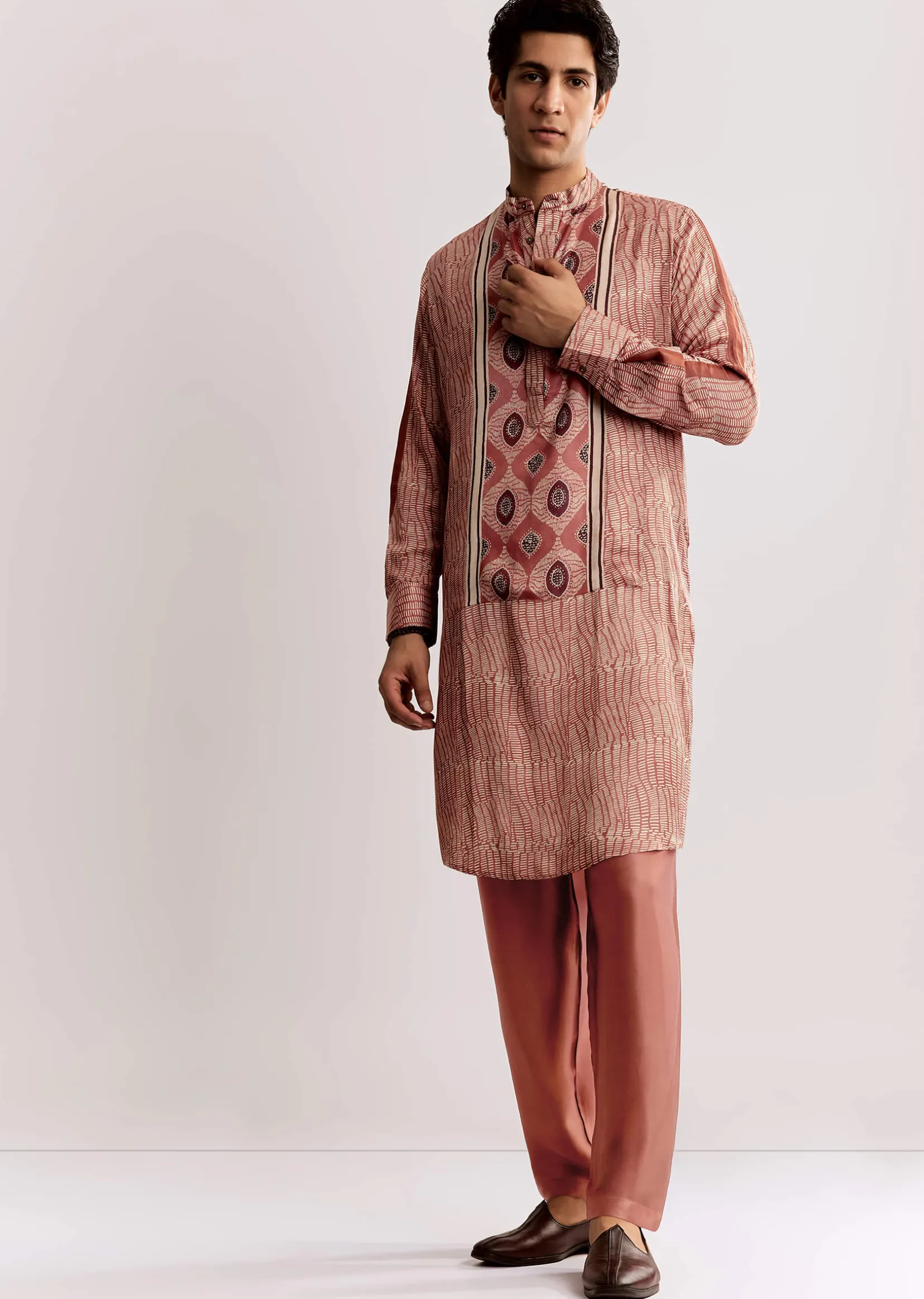 Orange Silk Kurta Set With Ajrakh Print