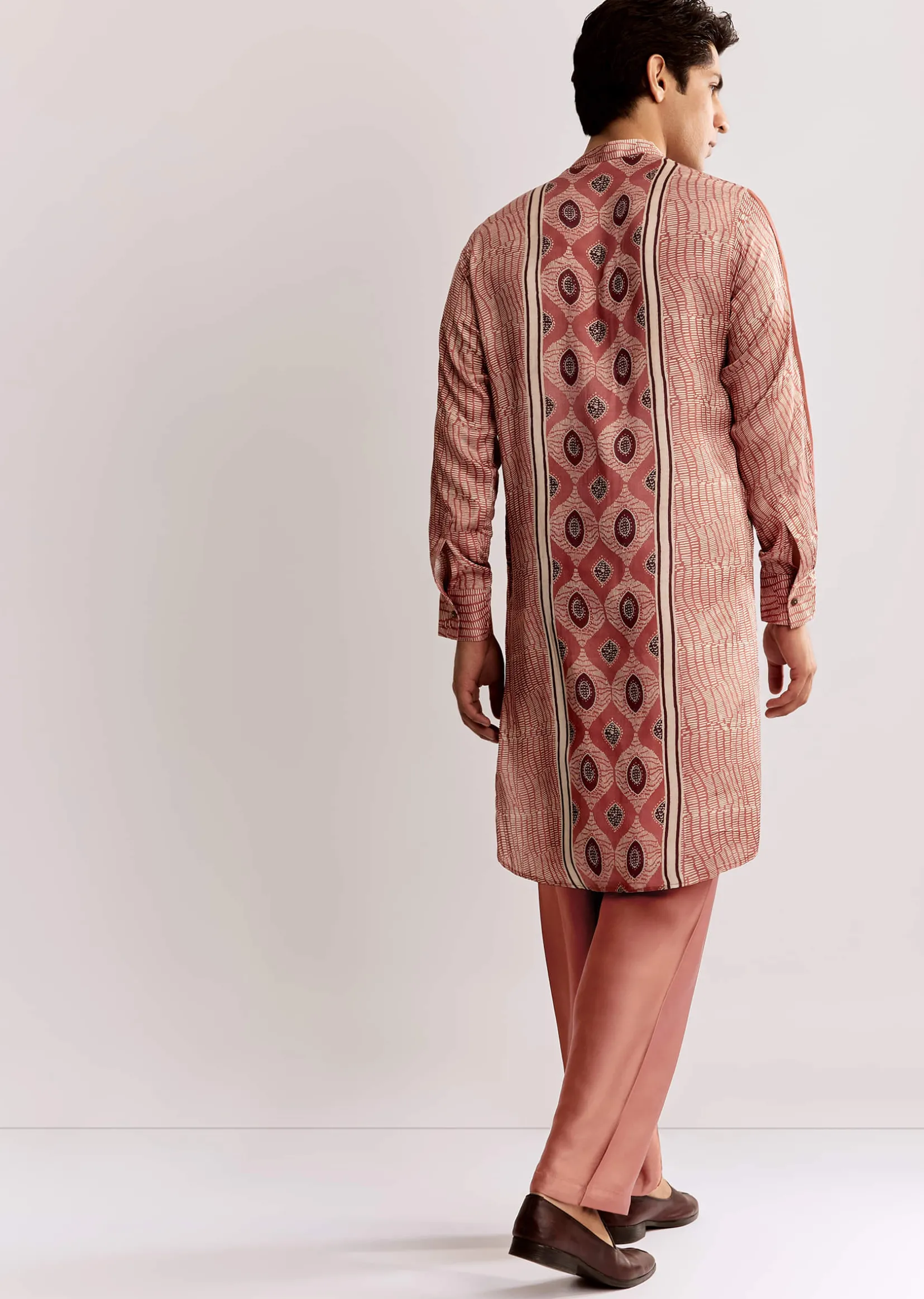 Orange Silk Kurta Set With Ajrakh Print