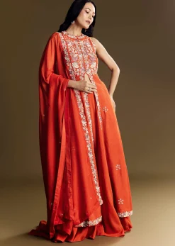 Orange Silk Palazzo Suit With Moti And Cut Dana Work