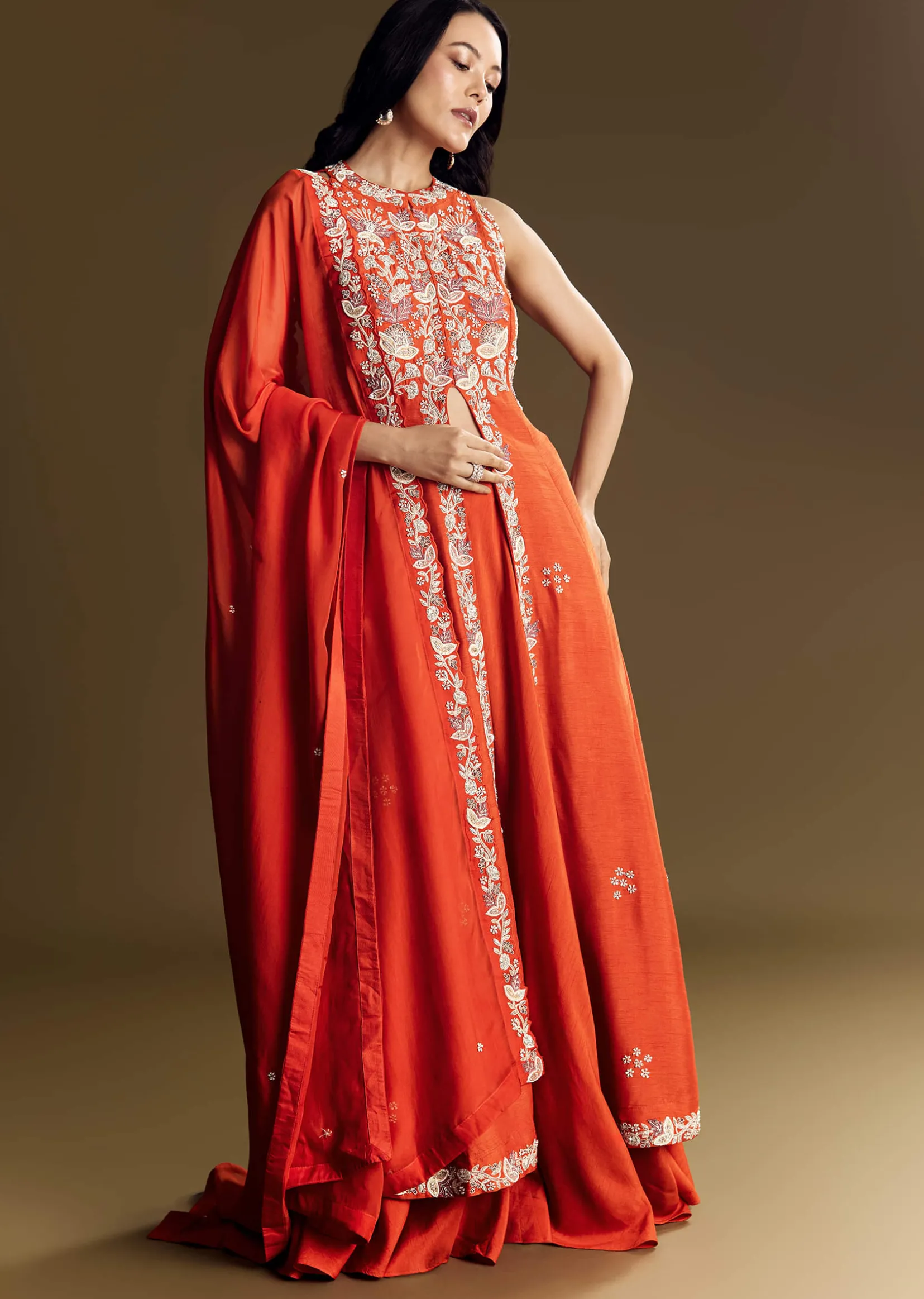 Orange Silk Palazzo Suit With Moti And Cut Dana Work