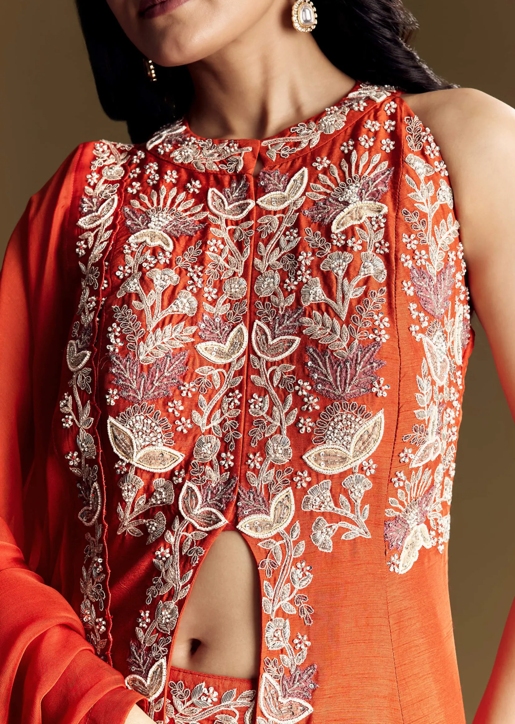 Orange Silk Palazzo Suit With Moti And Cut Dana Work