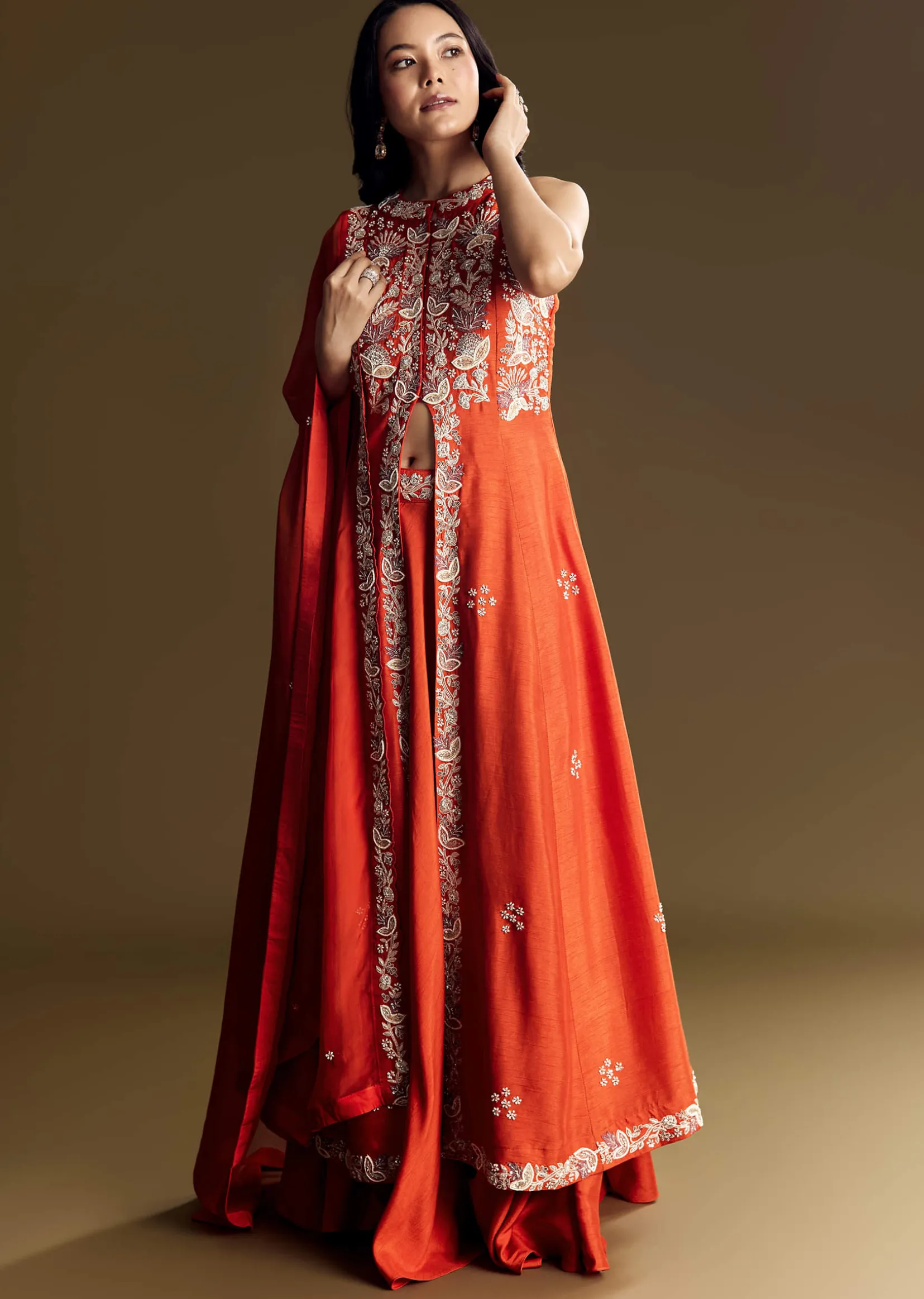 Orange Silk Palazzo Suit With Moti And Cut Dana Work