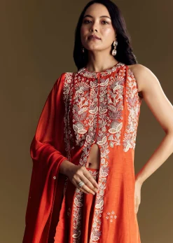 Orange Silk Palazzo Suit With Moti And Cut Dana Work