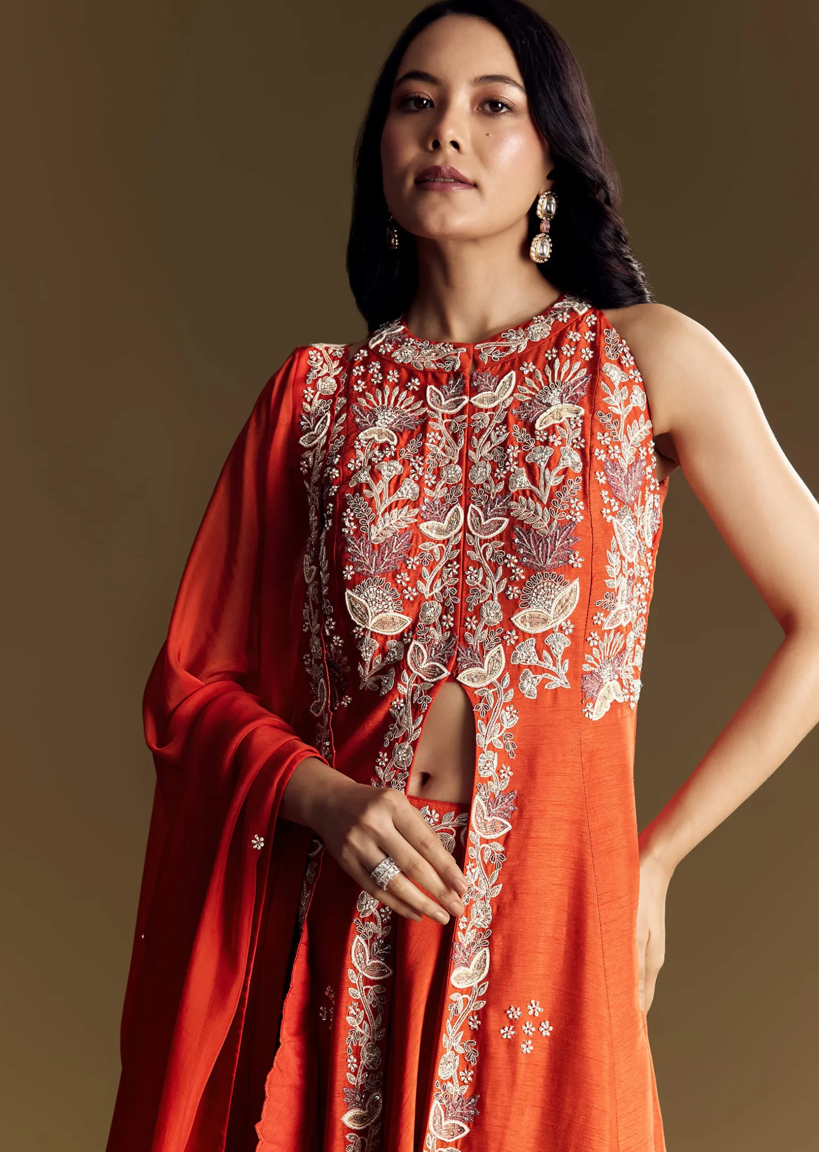 Orange Silk Palazzo Suit With Moti And Cut Dana Work