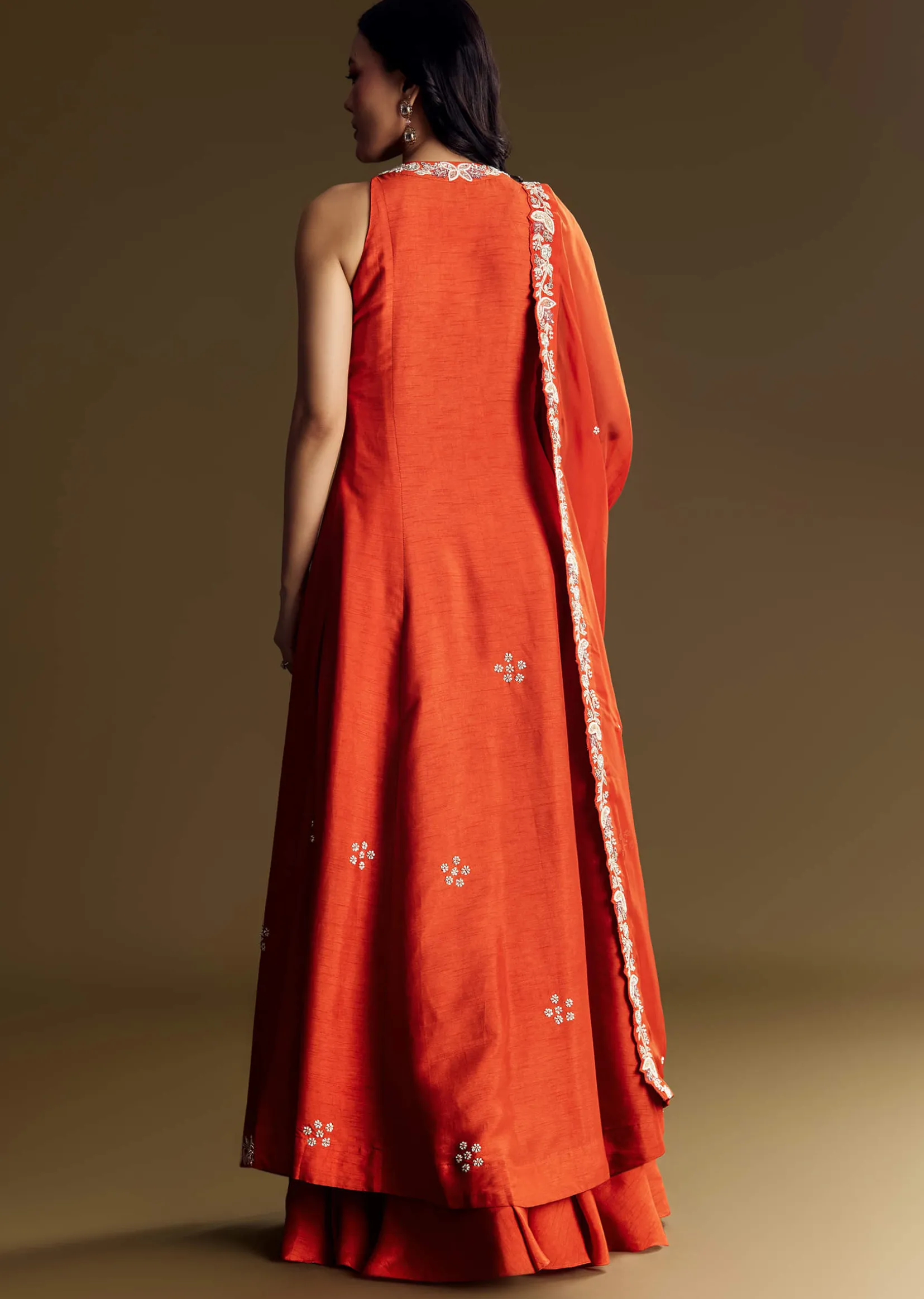 Orange Silk Palazzo Suit With Moti And Cut Dana Work