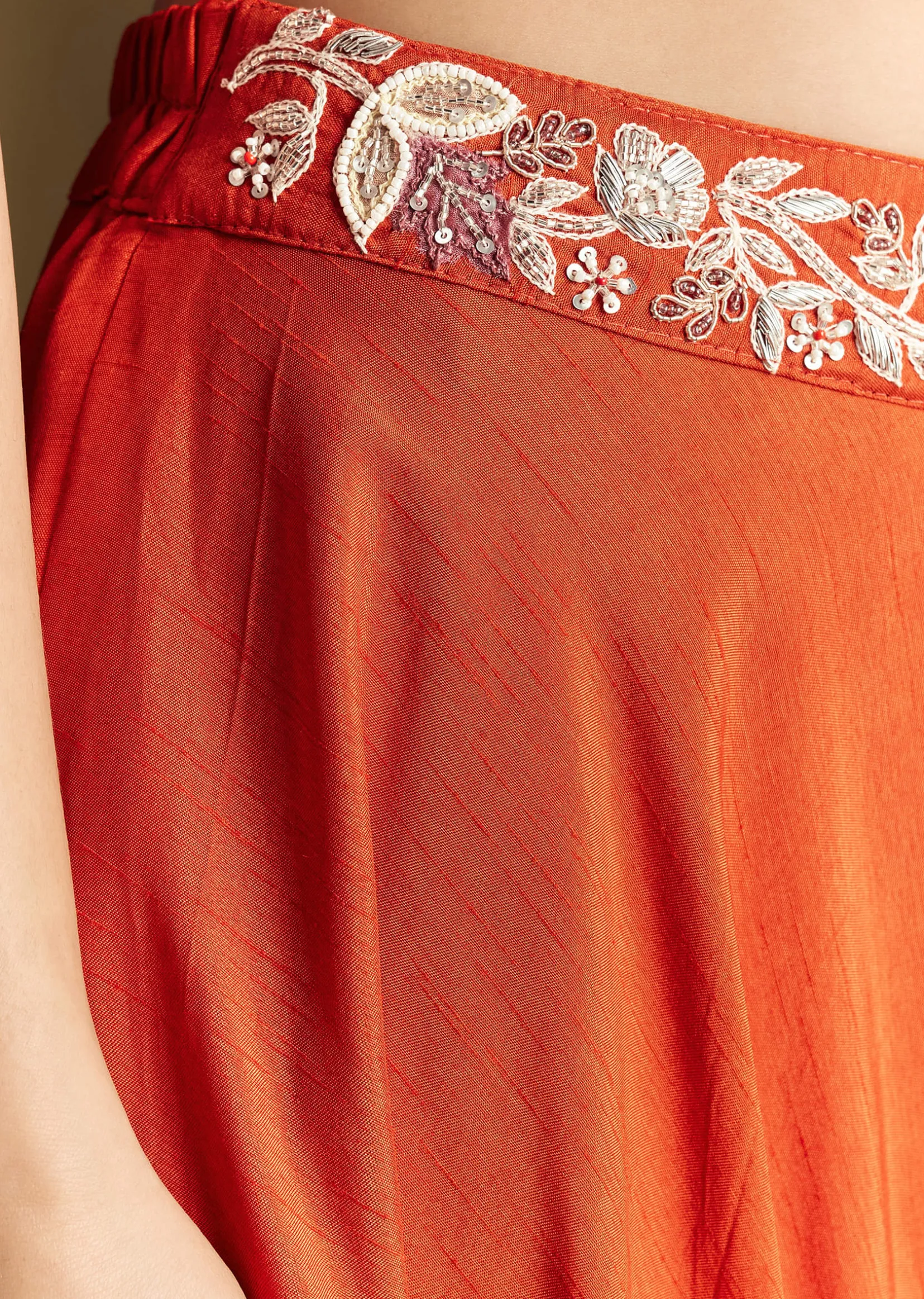 Orange Silk Palazzo Suit With Moti And Cut Dana Work