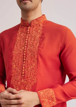 Orange Silk Poly Viscose Kurta Set With Thread Embroidery
